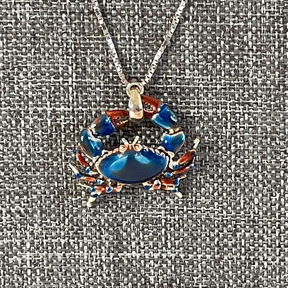 925 Sterling Silver Blue Stone Crab Claw Pendant Necklace 11” w Adjustable Chain